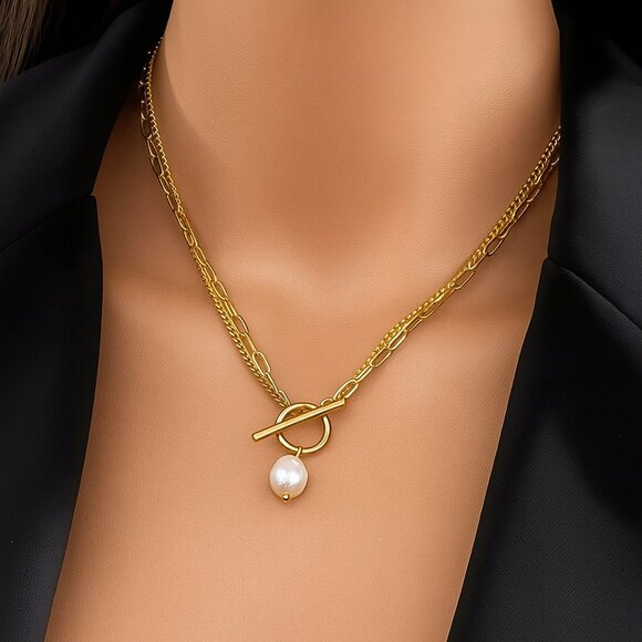 🆕️Dainty Pearl Pendant Necklace & Bracelet Set 18K Gold Plated Stainless Steel - Picture 4 of 10